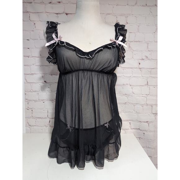 Victoria’s Secret Sheer Black Nylon Babydoll Ruffle With panty Size Medium NWT - Picture 1 of 16